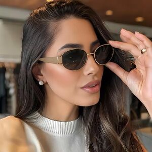 Small Oval Metal Sunglasses Black Lens Retro Luxury Street Style Shades